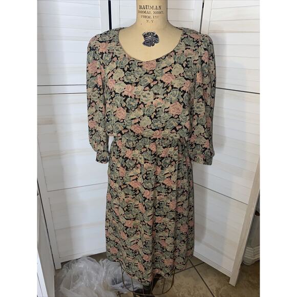 80s DAWN JOY FASHIONS BLACK/PINK/GREEN FLORAL DRESS Small/medium (Sz 7) USA Made - Picture 1 of 11
